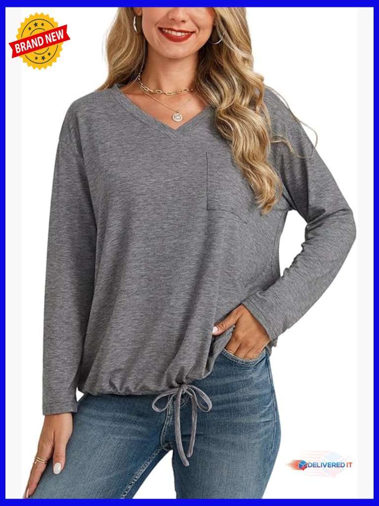 V-Neck Long Sleeve Tunic Top With Drawstring Hem - Women's Casual Blouse